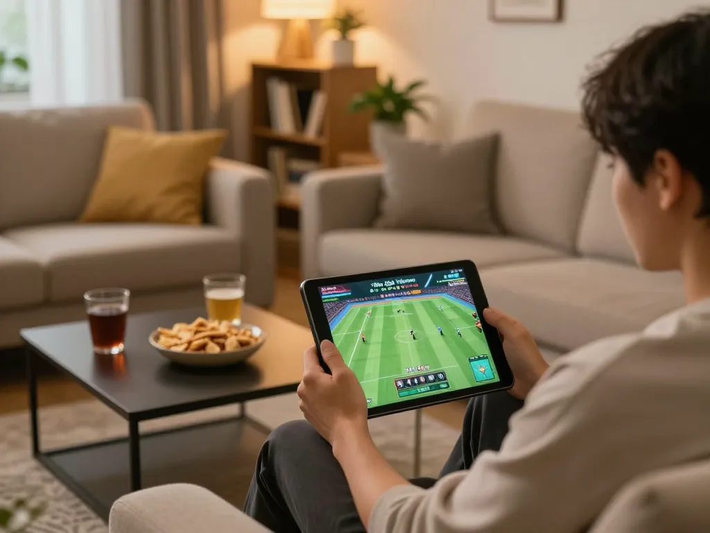 Engaged viewer following da ga thomo live matches on tablet in cozy home setting