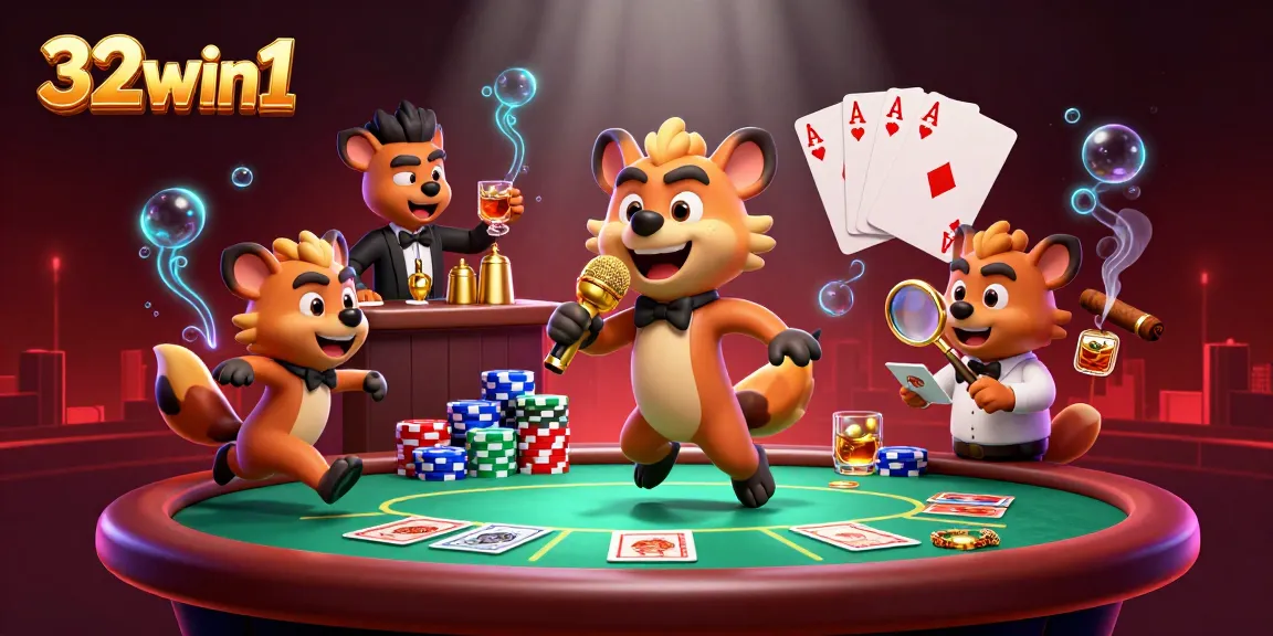 Experience the excitement of 32win1 with hyenas at a vibrant comedy casino club, featuring poker elements.