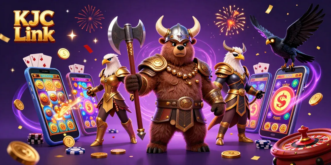Experience thrilling gaming with KJC Link in a vibrant casino illustration featuring dynamic characters.