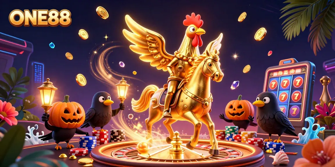 Experience ONE88 in a vibrant casino scene with a golden rooster and thrilling game elements.
