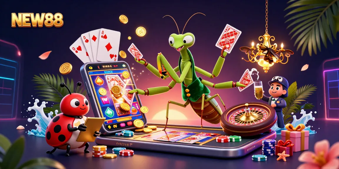 Join the NEW88 action with vibrant scenes of gambling excitement featuring a card sharp and pit boss in a lively casino