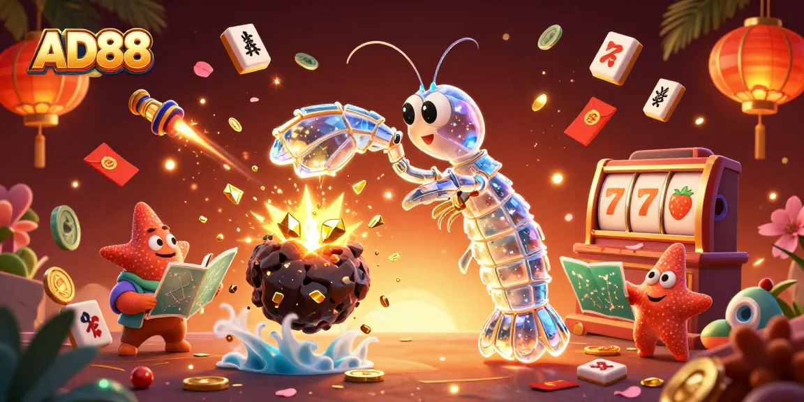 Experience thrilling gameplay at AD88, featuring a galactic samurai mantis shrimp amidst vibrant casino elements.