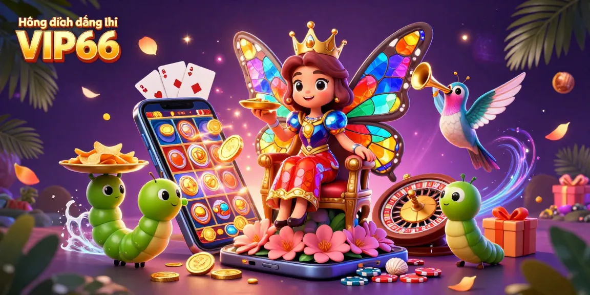Hướng dẫn đăng ký VIP66 with a colorful butterfly queen and vibrant casino elements in a dynamic scene.