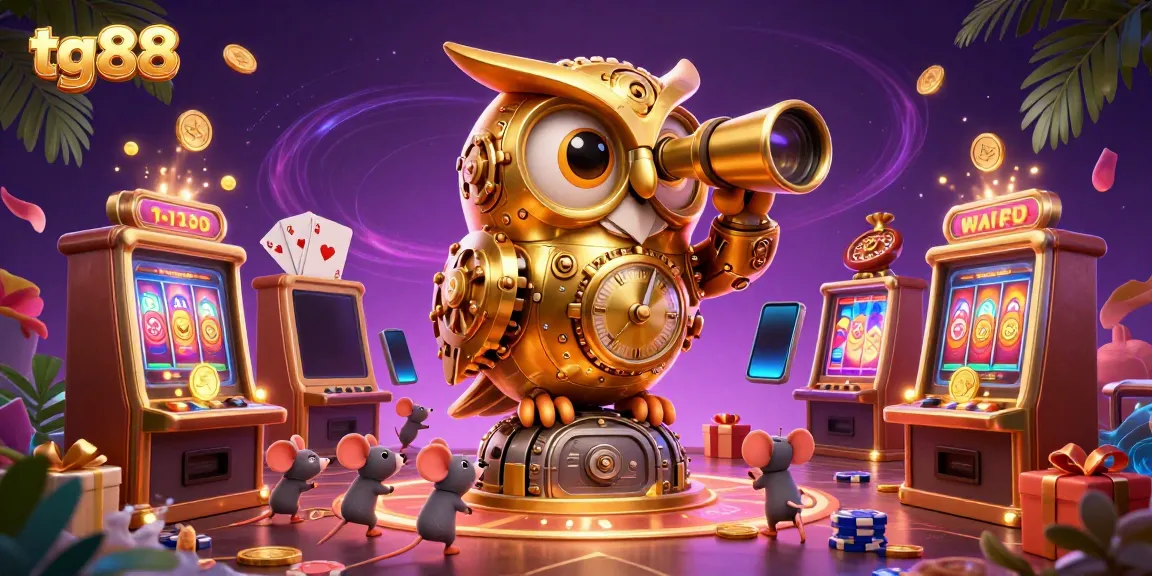 Experience the thrill of tg88 gaming with a whimsical owl on a vibrant casino scene.