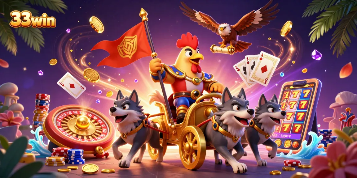 Engage with 33win's dynamic gaming realm featuring a rooster warlord, coins, and vibrant casino elements.