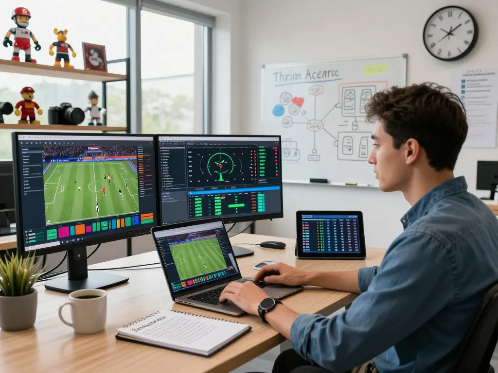 Data analyst at https://thscrore.com/ reviewing sports statistics in a vibrant workspace.