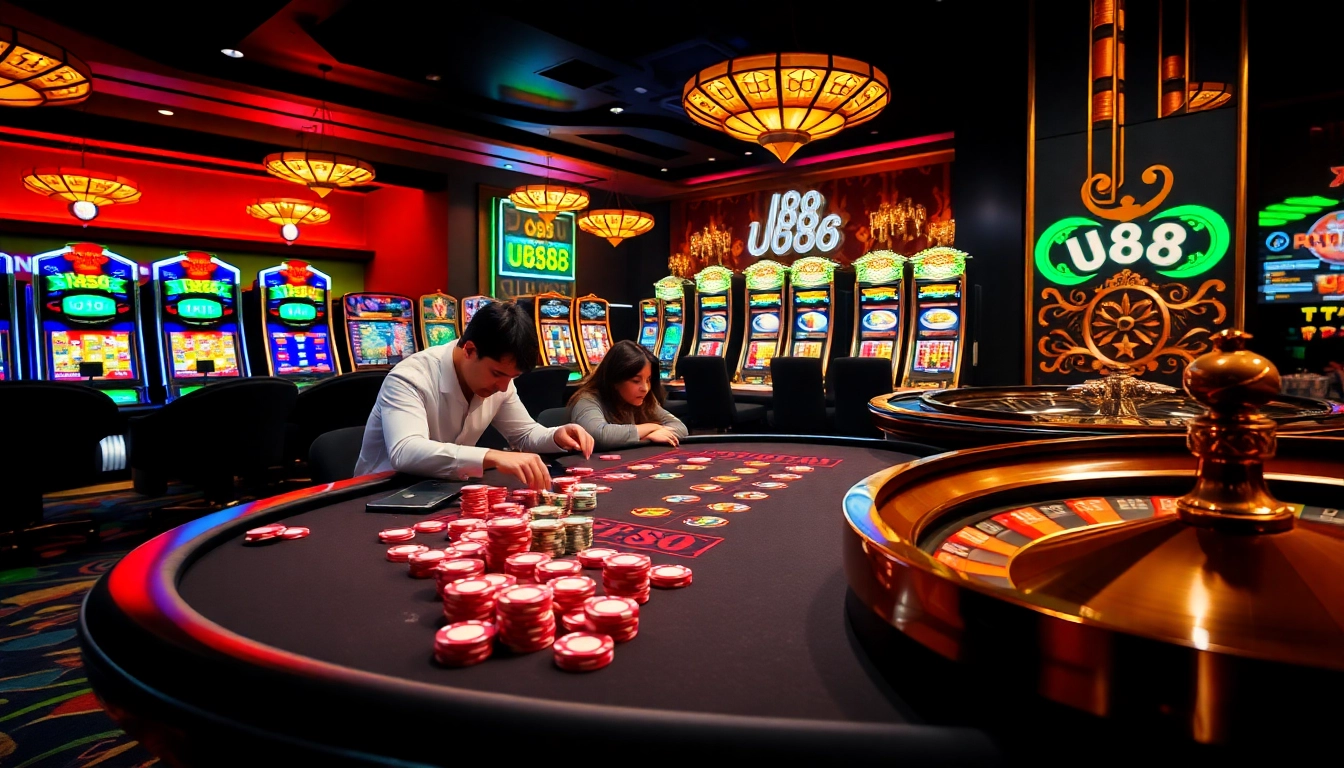 High-stakes poker action at a luxurious U88 casino featuring vibrant lights and elegant décor.