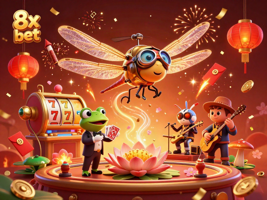 Experience the excitement of 8x bet with a vibrant casino scene featuring dragonfly pilot and frog croupier.