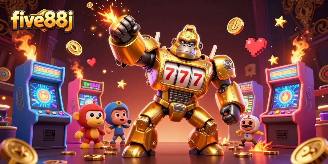Experience the excitement of five88j with a dynamic 3D illustration of a slot machine gorilla mech bursting with coins.