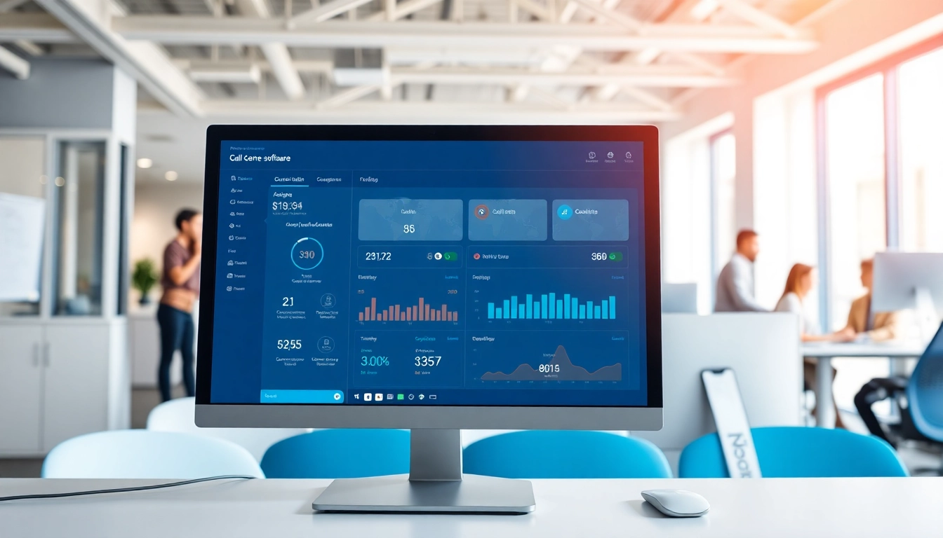 Showcasing call centre software dashboard in a modern office setting with agents collaborating.