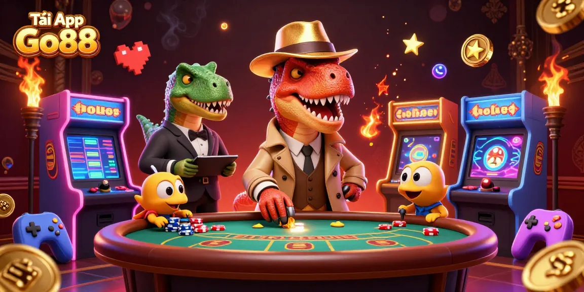 Tải App Go88 with a velociraptor card counter and a stegosaurus pit boss at a lively casino scene.