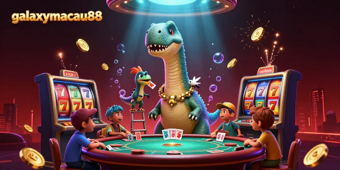 Experience the thrilling world of gambling with galaxymacau88 in this vibrant casino scene featuring dinosaurs!