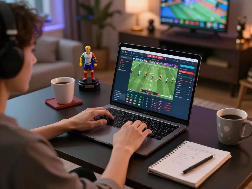 Engaging in sports betting strategy with say88 through live odds on laptop, creating a thrilling atmosphere