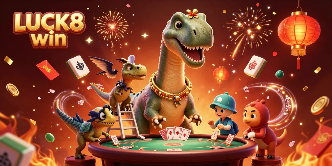 Experience the thrill of LUCK8 win with our vibrant casino scene featuring dynamic characters and festive elements.