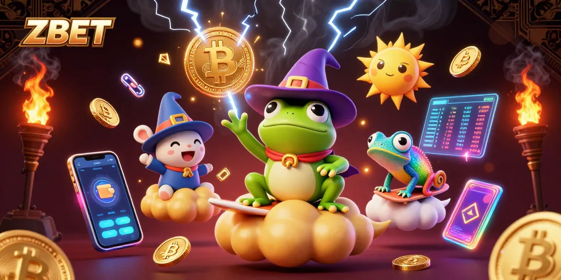 ZBET transforms gaming prowess with golden coins and crypto symbols in a vibrant casino illustration