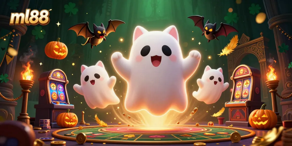 Engage with ml88's dynamic ghost cat and vampire bat in a lively casino scene filled with glowing jack-o-lanterns.