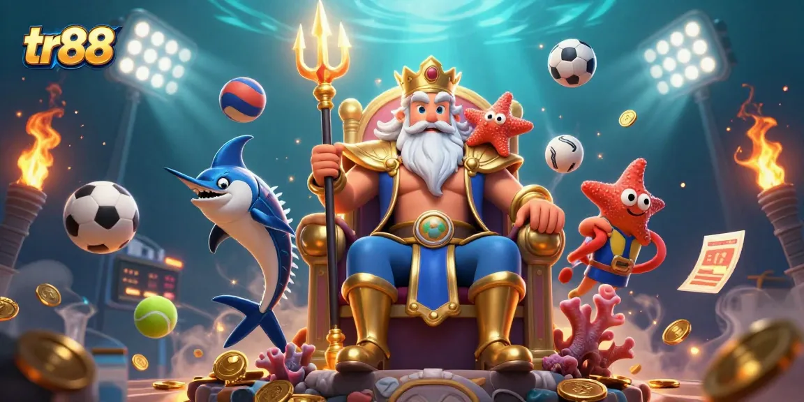 Engage in thrilling casino bets at tr88 with Neptune, sports elements, and dynamic gold visuals.