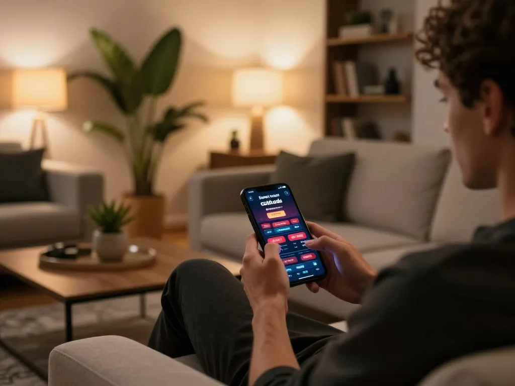 Dabet chính thức mobile gaming experience in a trendy home setting, showcasing a person engaged with casino app