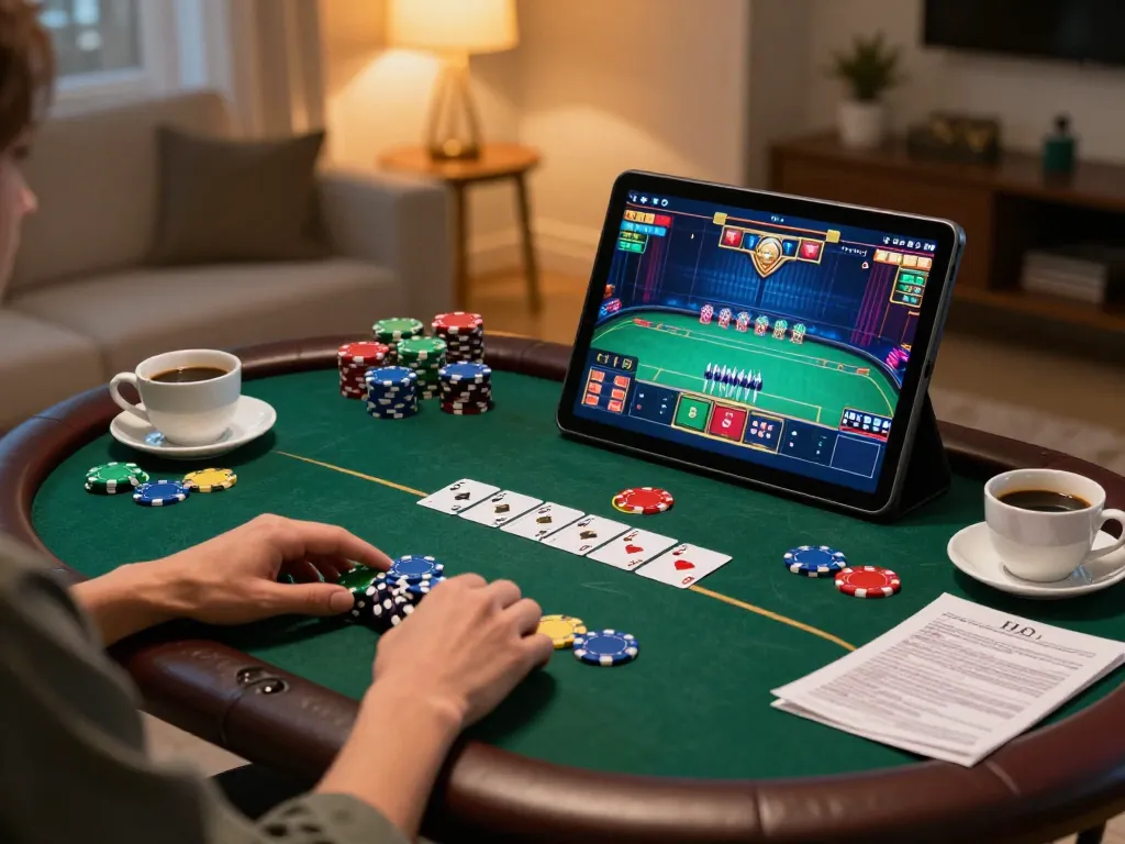Engaging in online gaming at home with Đăng ký Da88 showing vibrant poker setup and cozy atmosphere