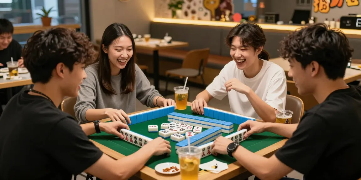 Engaged players at https://hm88.cafe/ enjoying a lively Mahjong game in stylish café.