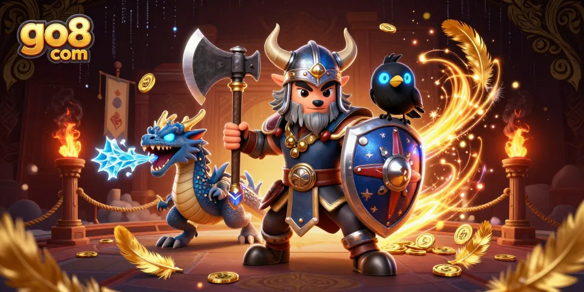 Win big at go8 com with an exciting scene of a Viking wolf warrior and friends in a dynamic casino atmosphere.