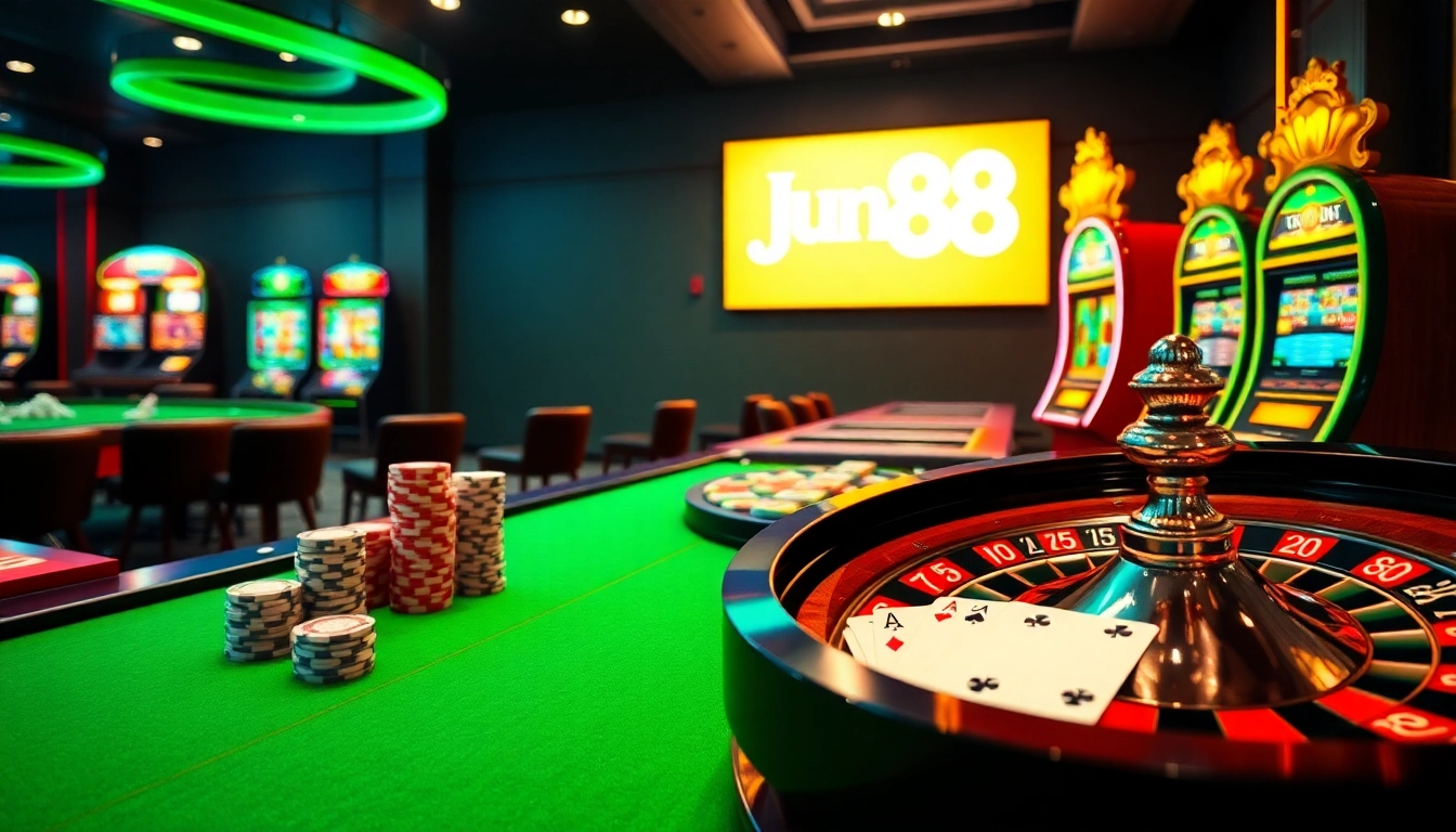 Experience the thrill of winning at Jun88's exciting online casino games with vibrant tables and gleaming slot machines.