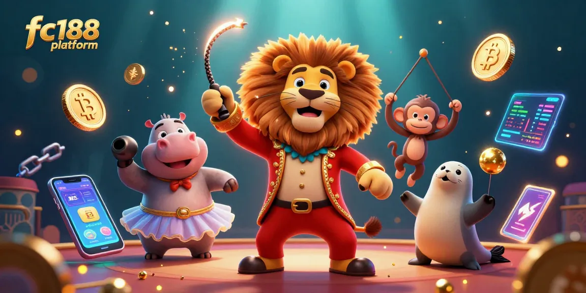 Engage with the fc188 platform featuring lively circus characters and cryptocurrency elements in a vibrant casino setting.