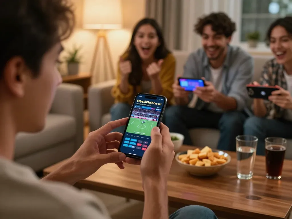 Betting excitement on https://9bet9.in.net with smartphone in a lively living room setup