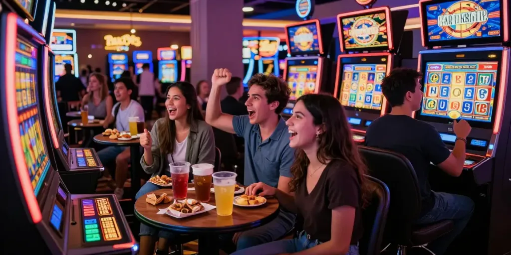Kelompok teman bersenang-senang bermain mesin slot di kasino, menunjukkan suasana situs slot yang mengasyikkan.