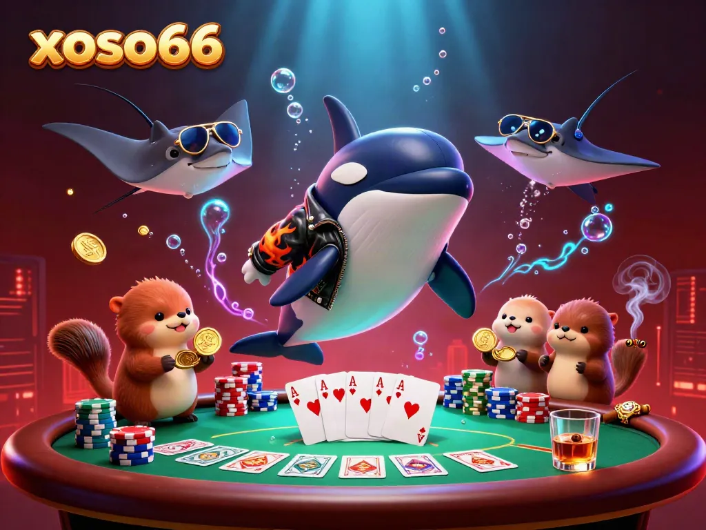 Xoso66 showcases an entertaining underwater world of an orca in a biker jacket, otters with coins, and dynamic gaming elements.