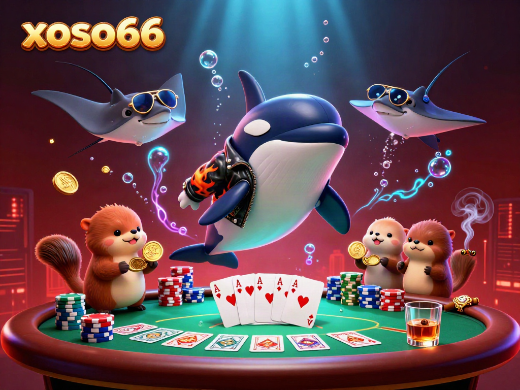 Xoso66 showcases an entertaining underwater world of an orca in a biker jacket, otters with coins, and dynamic gaming elements.