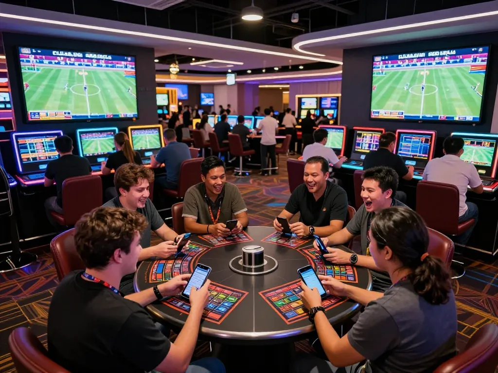 rr88 gratis betting excitement with friends in a vibrant sports casino setting