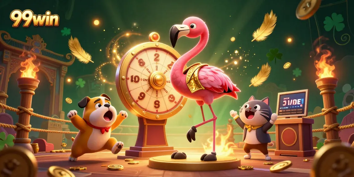 Spin the giant prize wheel with 99win's thrilling casino elements and vibrant characters.