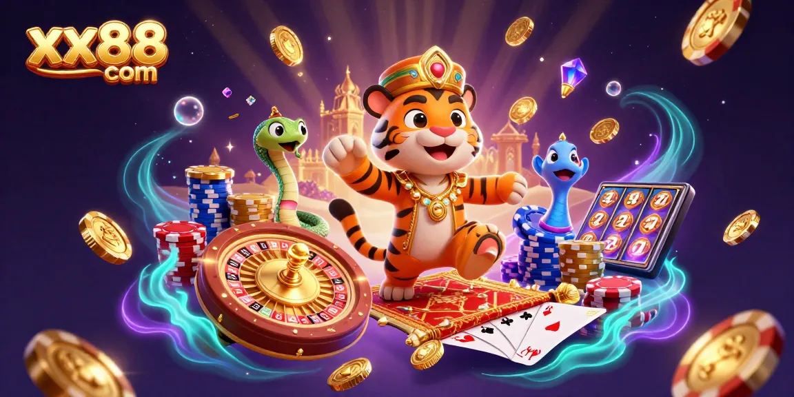 Experience excitement at xx88 com with a vibrant 3D casino scene featuring lucky symbols, golden coins, and a tiger sultan.