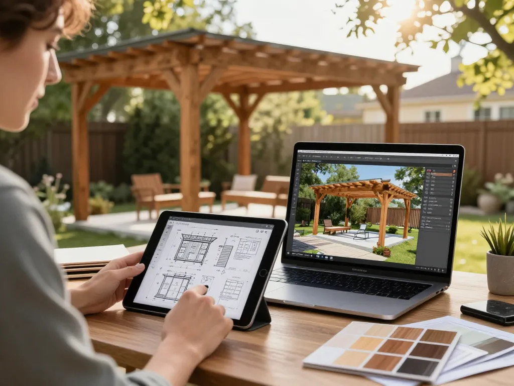 Pergola Sales Software in action while designing a 3D pergola outdoors, showcasing a creative and innovative workspace