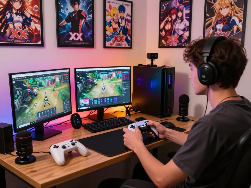 Interactive gaming setup highlighting exciting xxx games with vibrant lighting and engaging decor.