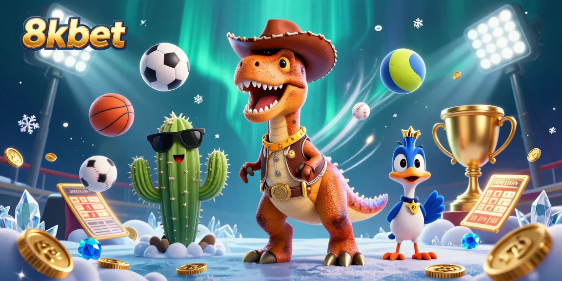 Experience thrilling action with 8xbet in a dynamic casino adventure featuring a 3D T-Rex cowboy and friends.