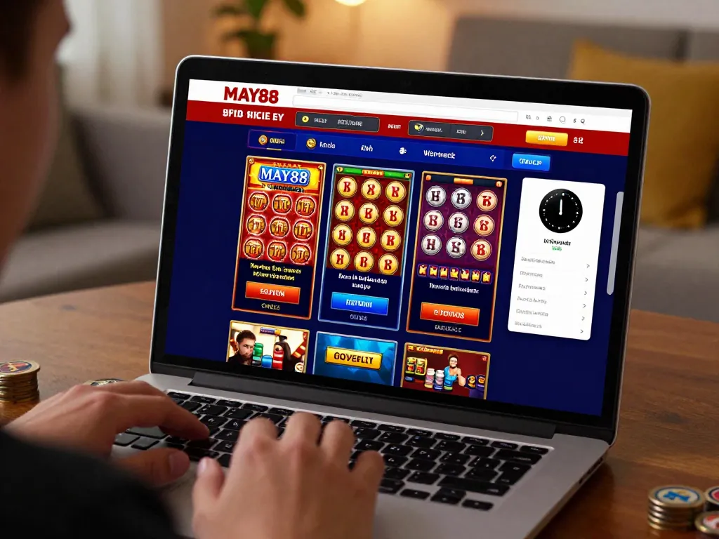 MAY88 gaming experience showcasing online casino games on a laptop with engaging graphics and responsible play features.