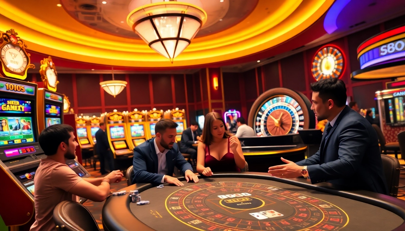 Experience the thrilling atmosphere of gambling at 888NEW casino with engaging dealers and vibrant slot machines.