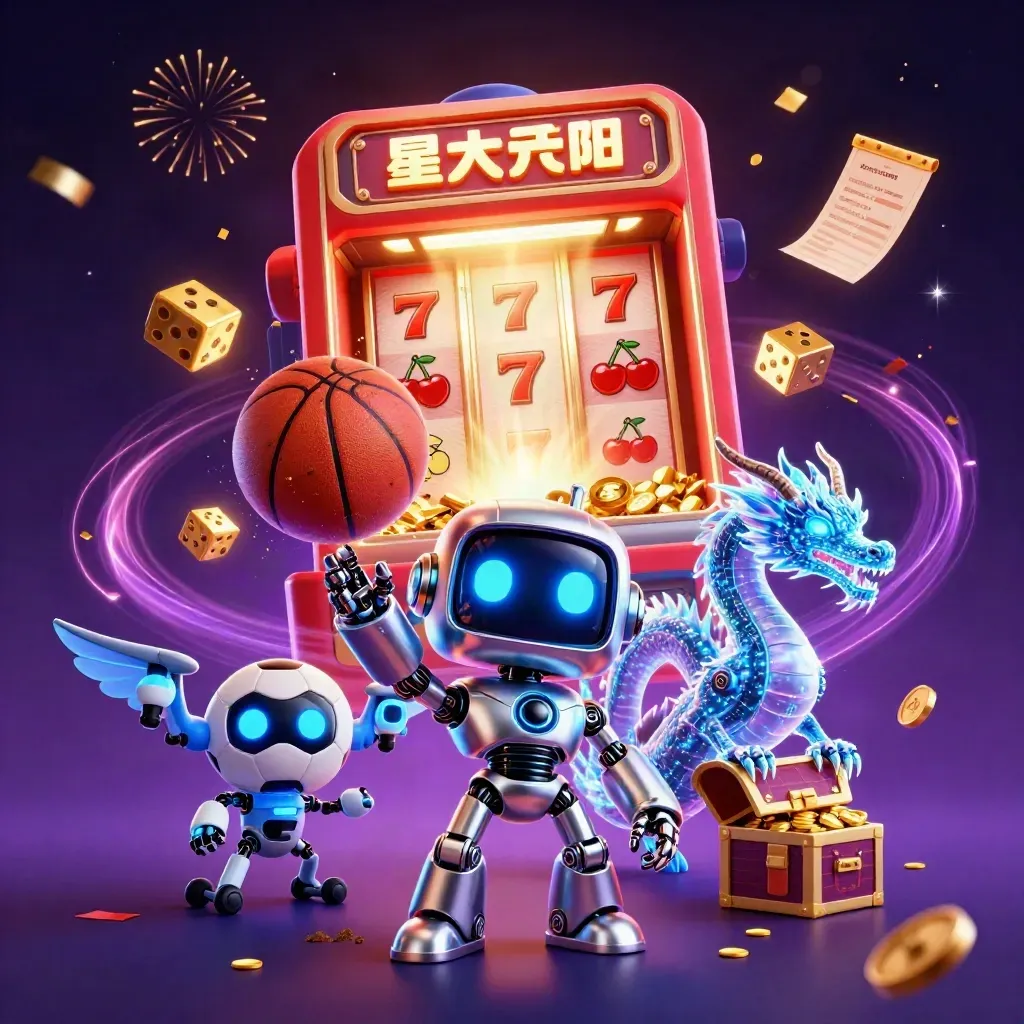 Cyberpunk robot, holographic dragon, and coin drone amid exploding slot symbols, balls, and gold.