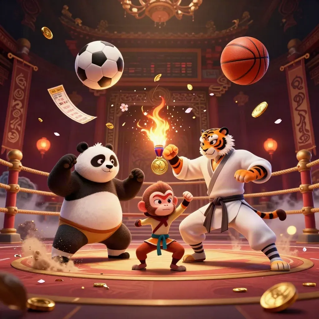 Kung-fu tiger, panda, and monkey amid flying balls and gold in a luxe temple arena.