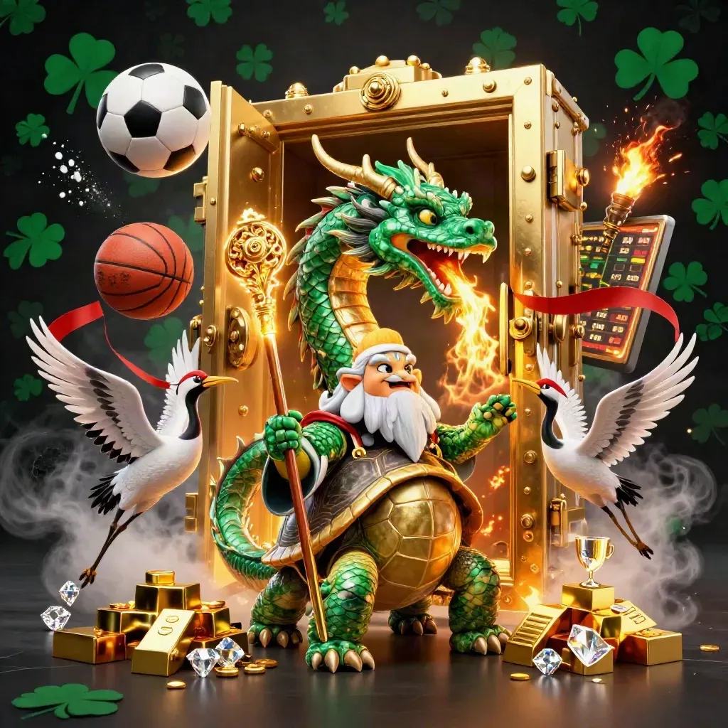 Emerald dragon, turtle sage, cranes, vault, sports balls, and casino treasure explode in dark light