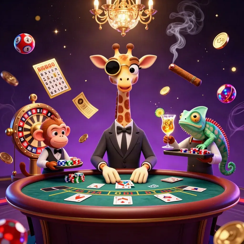 Luxe casino trio with giraffe, monkey valet, chameleon bartender amid neon wheel and golden sparks.