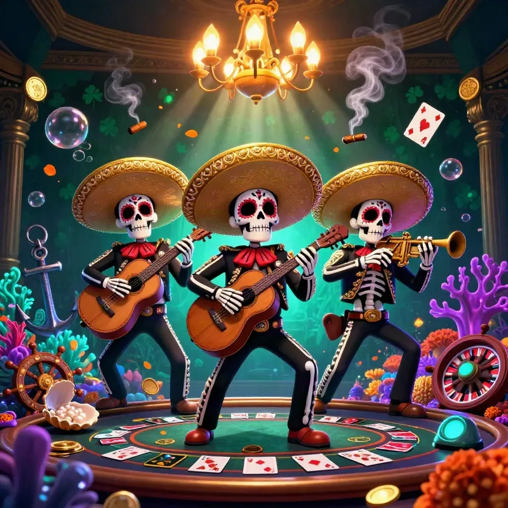 Day-of-the-Dead mariachi skeleton trio in a glowing underwater treasure casino cove