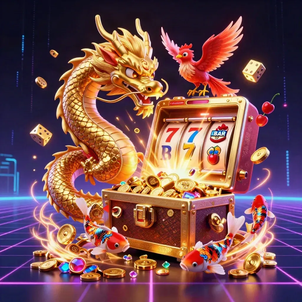 Golden dragon, phoenix, and koi explode with casino treasure, slot machine bursts, neon lights