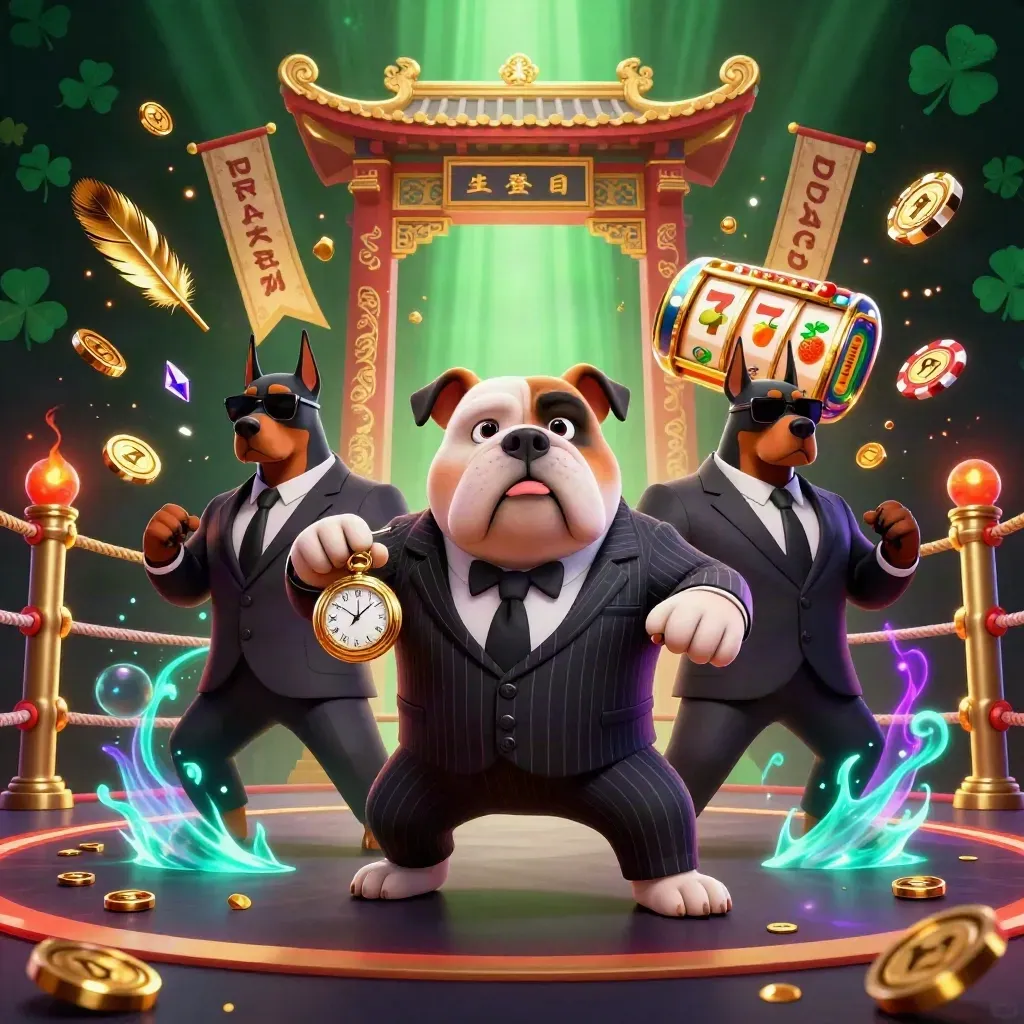 Bulldog boss with two Dobermans amid coins, temple gate, neon glow, and casino chaos.