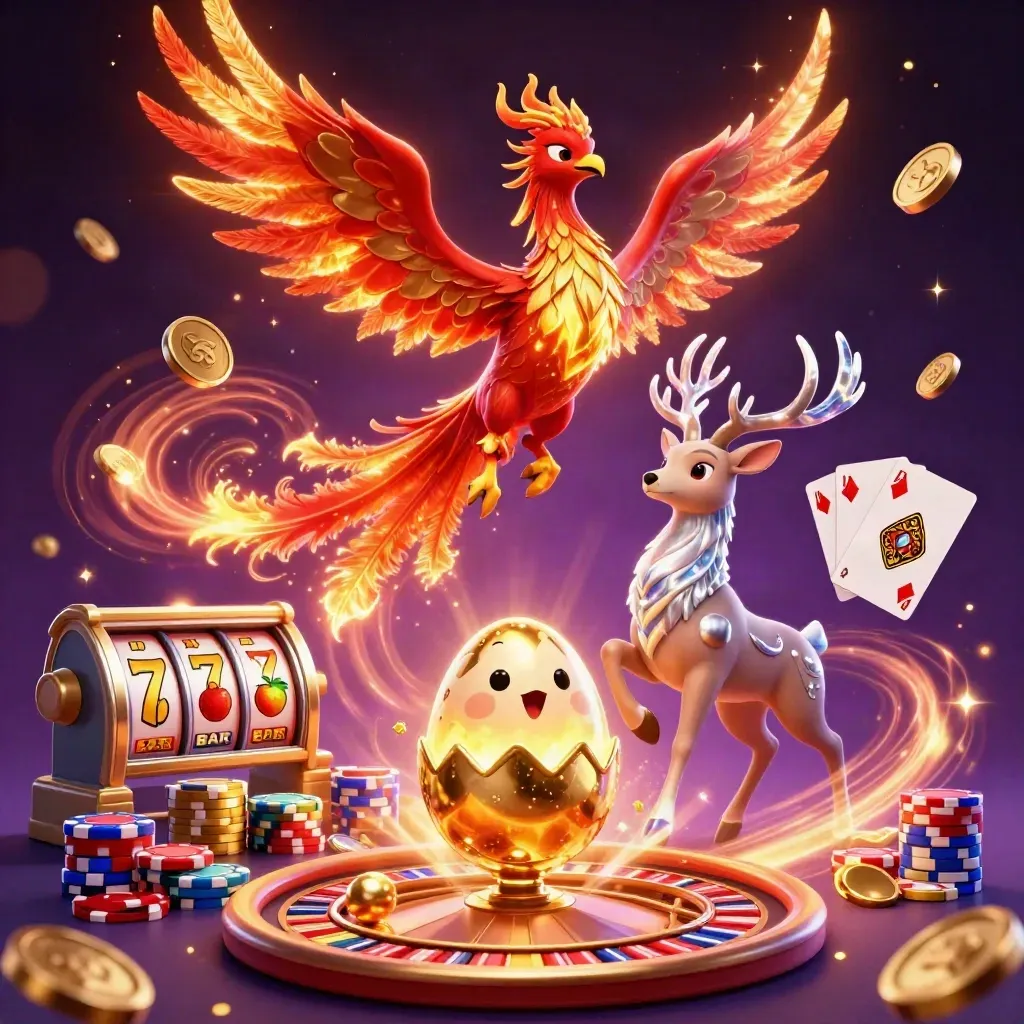 Fire phoenix, hatching baby phoenix, and crystal-antler stag amid coins, gems, and casino magic.