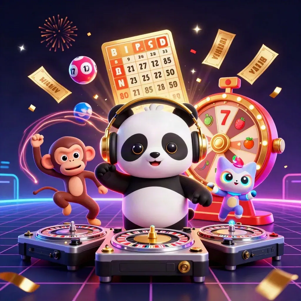 DJ panda, monkey and glow-stick kitten amid casino chaos on a dark neon grid.