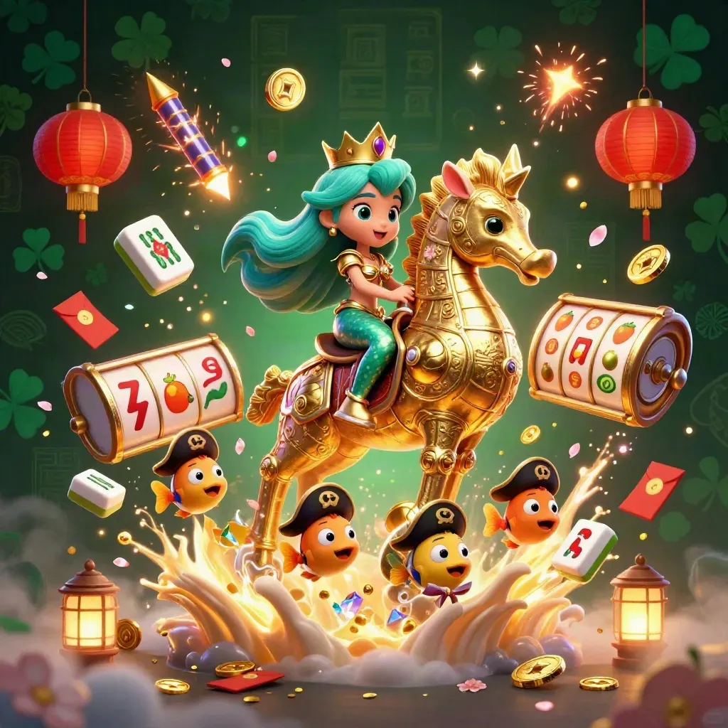 Mermaid princess on golden seahorse amid casino treasure, lanterns, coins, and fish pirates