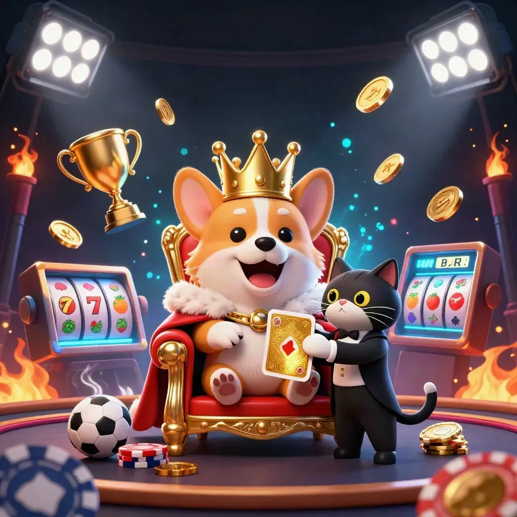 Royal corgi on a poker-chip throne with cat butler, coins, sports balls, and casino glow